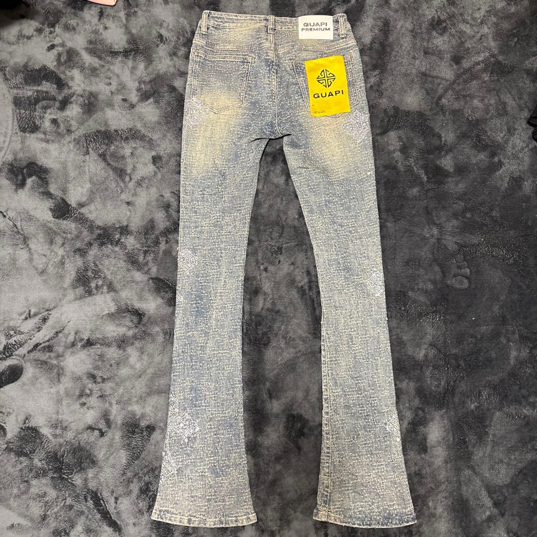【希少】GUAPIのヴィンテージブルー ディストレスト クロス デニム　W28