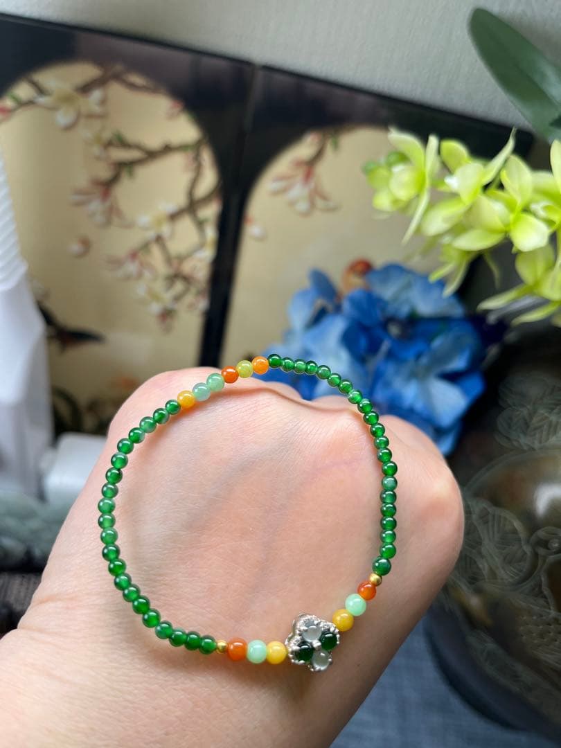 新入荷❣️貴重‼️18kビーズ入り、ロウカン質氷種満陽緑ビーズ&【幸運】四葉草ブレス