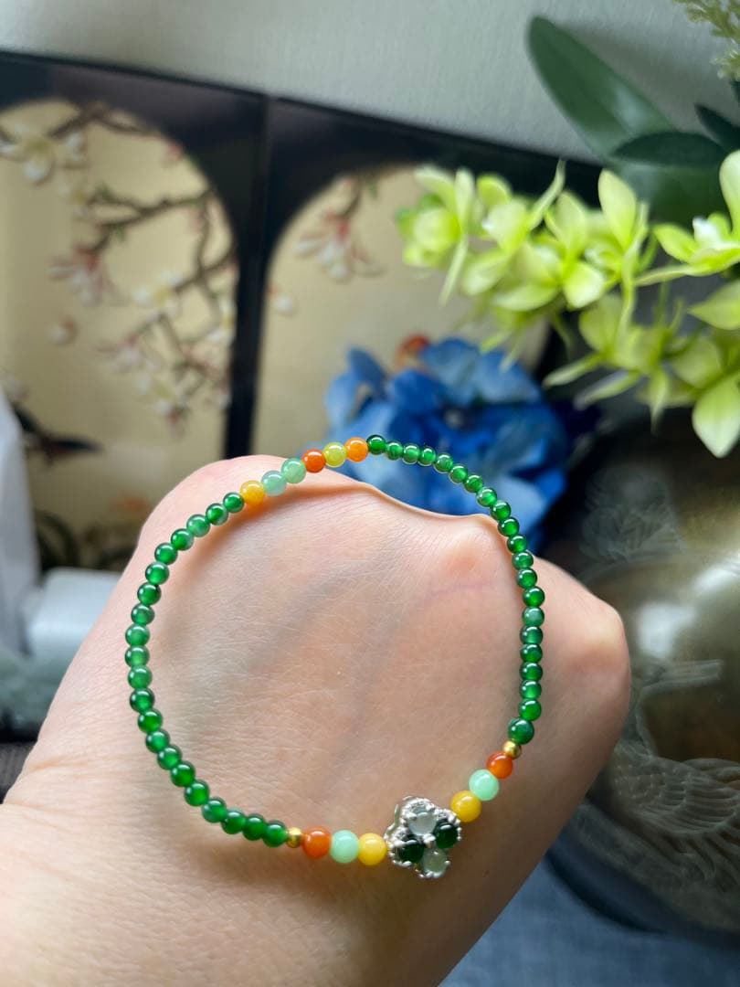 新入荷❣️貴重‼️18kビーズ入り、ロウカン質氷種満陽緑ビーズ&【幸運】四葉草ブレス