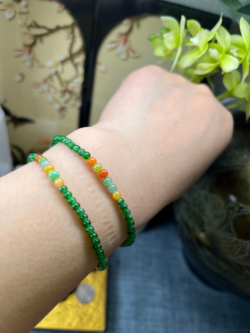 新入荷❣️貴重‼️18kビーズ入り、ロウカン質氷種満陽緑ビーズ&【幸運】四葉草ブレス