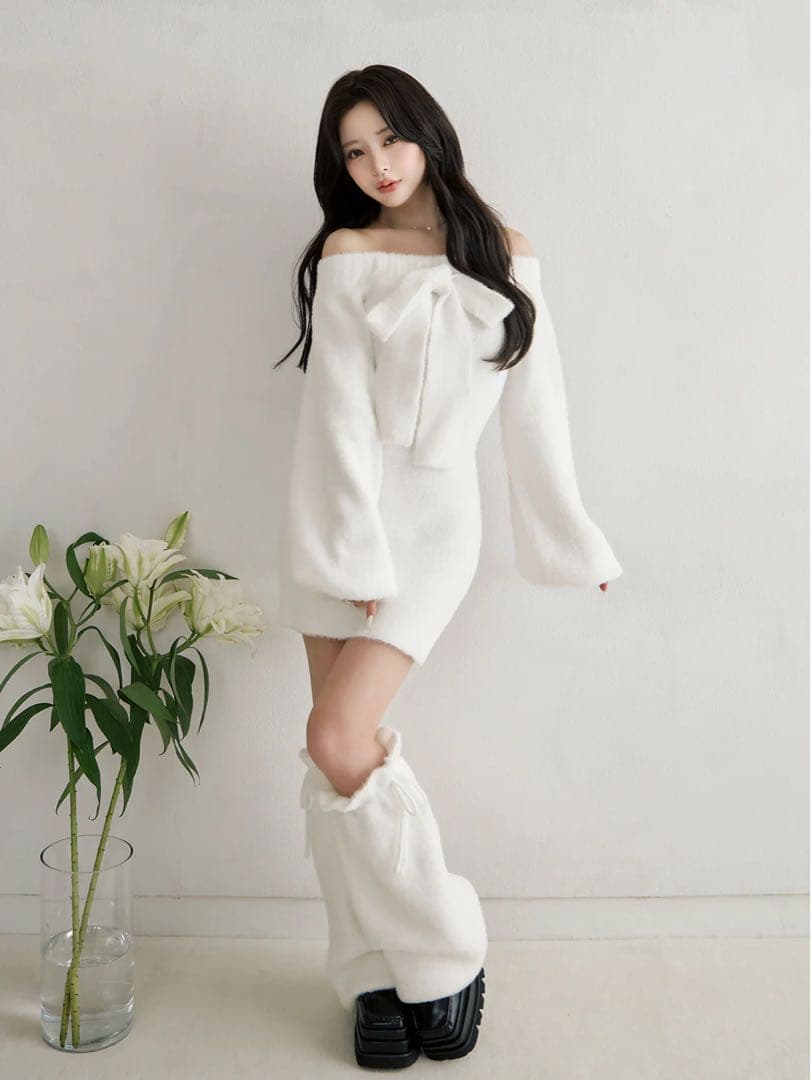 フーディーオフショルニットミニワンピース WHT Free