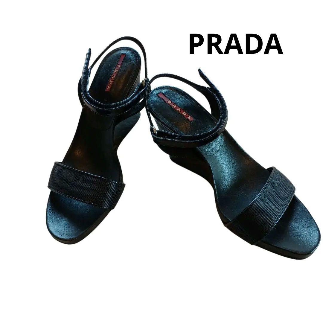 ♡PRADA ♡ロゴ入りブラックレザーサンダル37