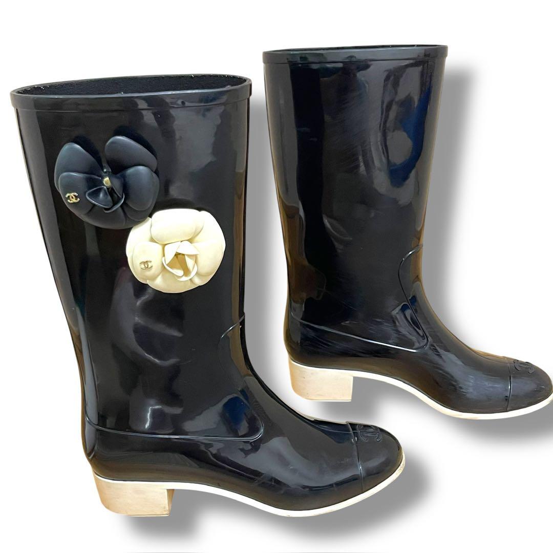 CHANEL シャネル レインブーツ カメリア ブラック 39 ココマーク 上品
