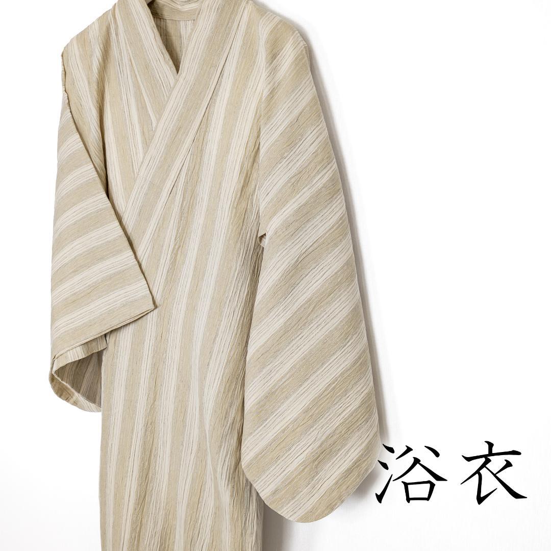 まる ※R7SK684 浴衣 夏物 薄物 ベージュ カーキ 縦縞 綿麻