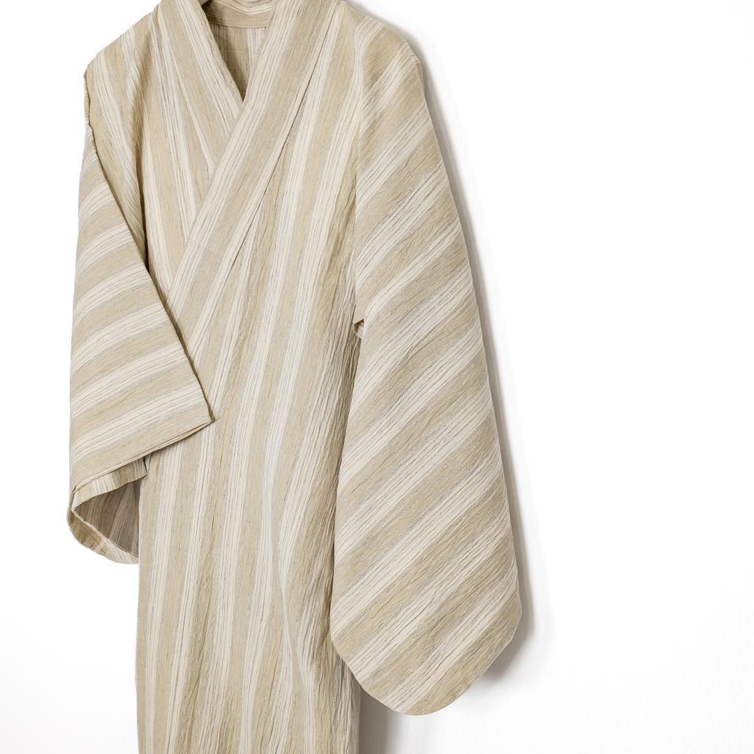 まる ※R7SK684 浴衣 夏物 薄物 ベージュ カーキ 縦縞 綿麻