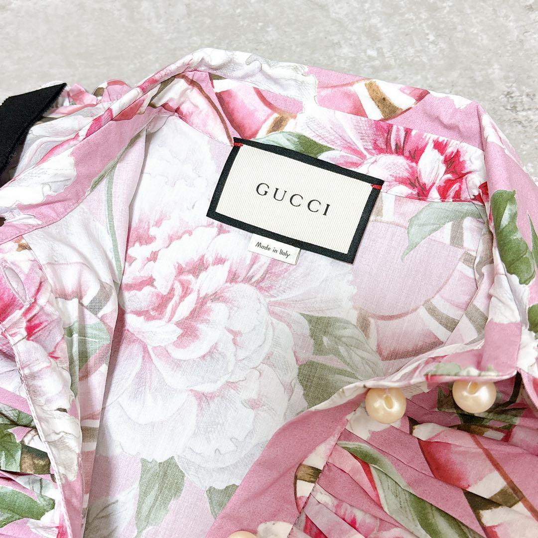 美品✨GUCCI 花柄×スネーク　フリル　リボンシャツワンピース　ミニ　ブラウス