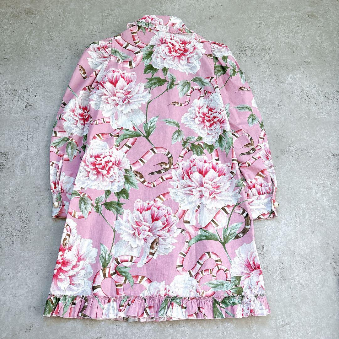 美品✨GUCCI 花柄×スネーク　フリル　リボンシャツワンピース　ミニ　ブラウス
