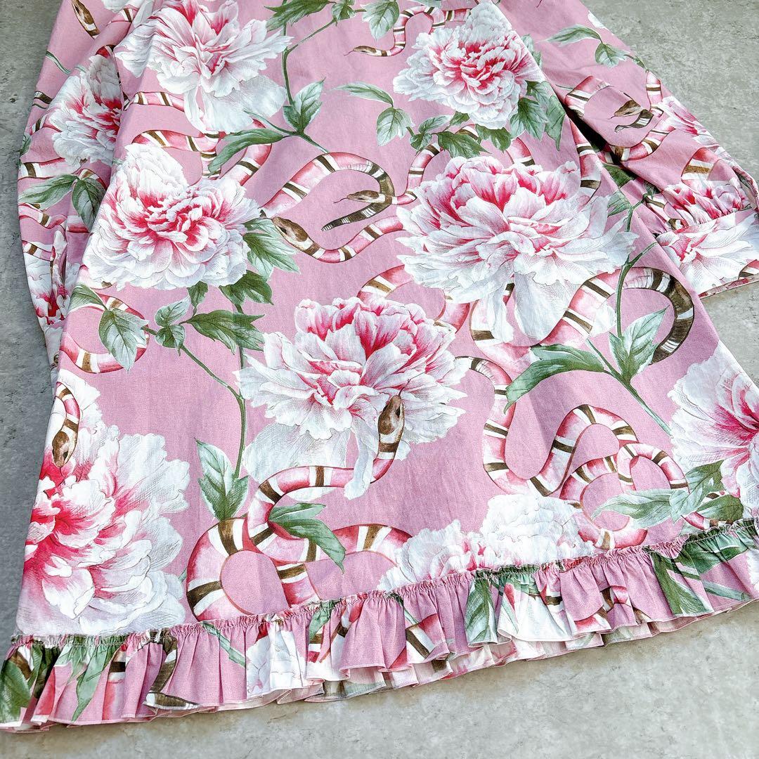 美品✨GUCCI 花柄×スネーク　フリル　リボンシャツワンピース　ミニ　ブラウス