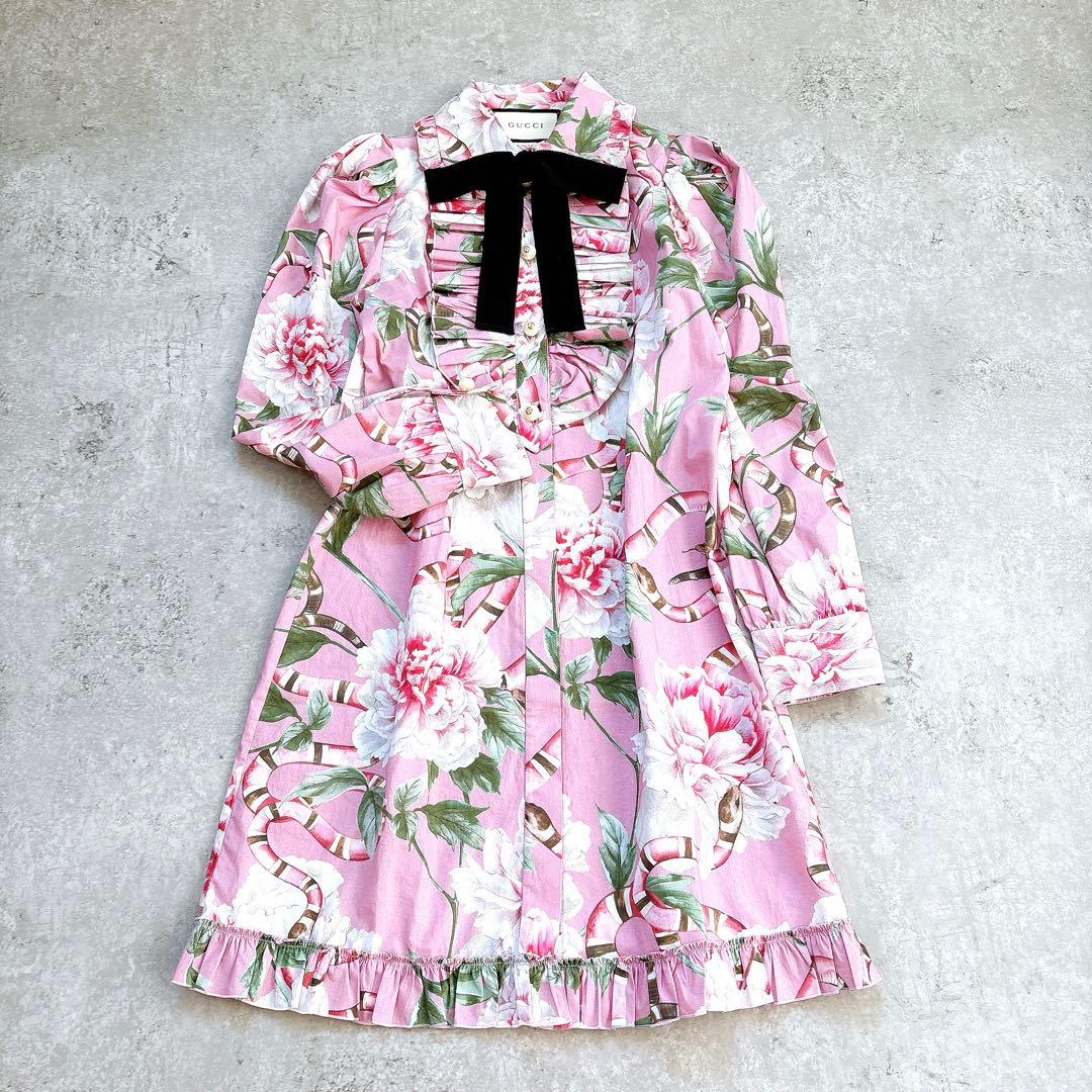 美品✨GUCCI 花柄×スネーク　フリル　リボンシャツワンピース　ミニ　ブラウス