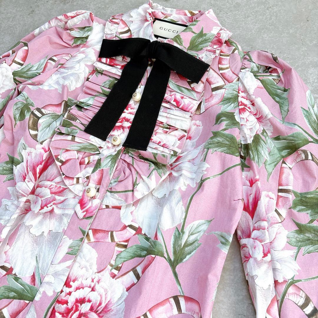 美品✨GUCCI 花柄×スネーク　フリル　リボンシャツワンピース　ミニ　ブラウス