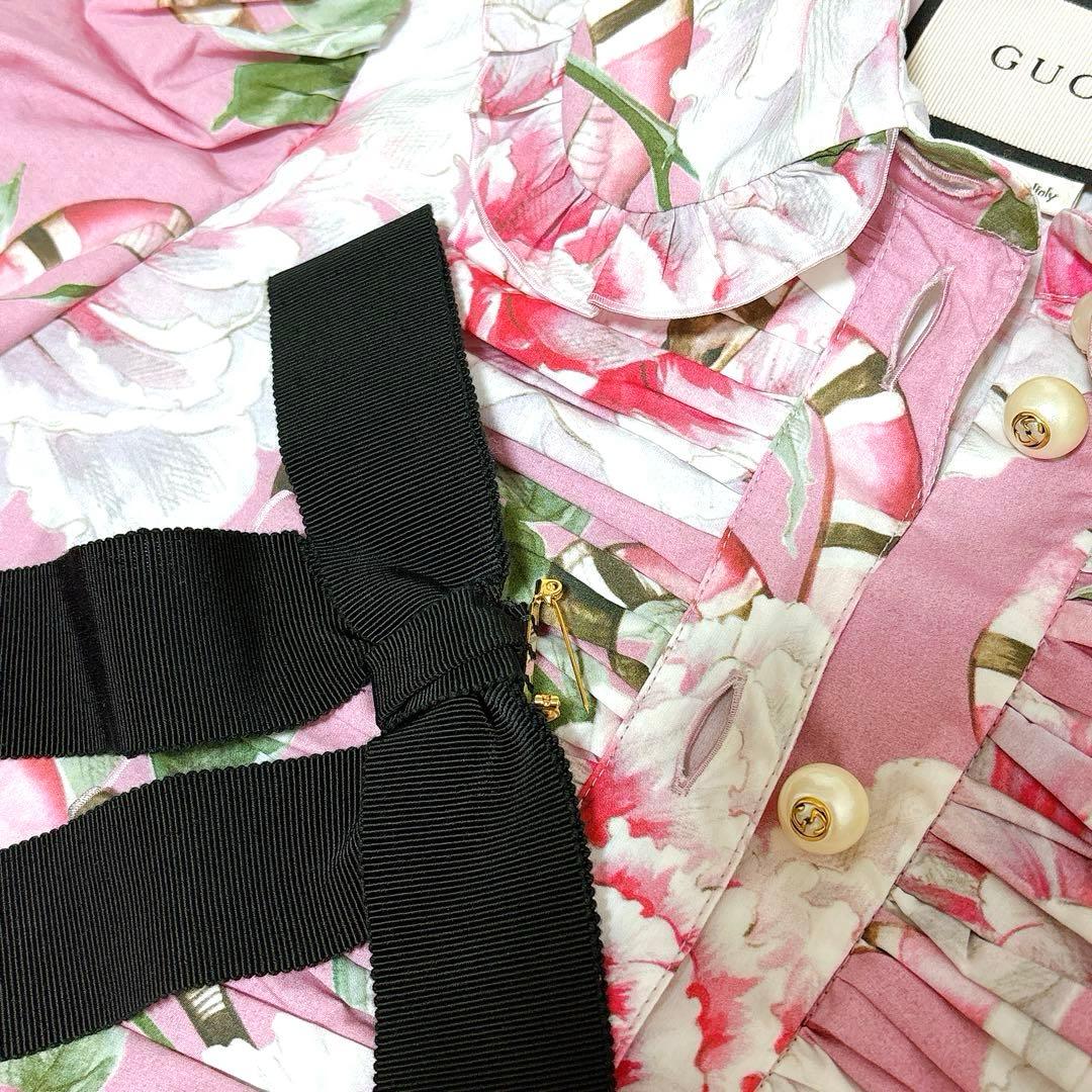美品✨GUCCI 花柄×スネーク　フリル　リボンシャツワンピース　ミニ　ブラウス