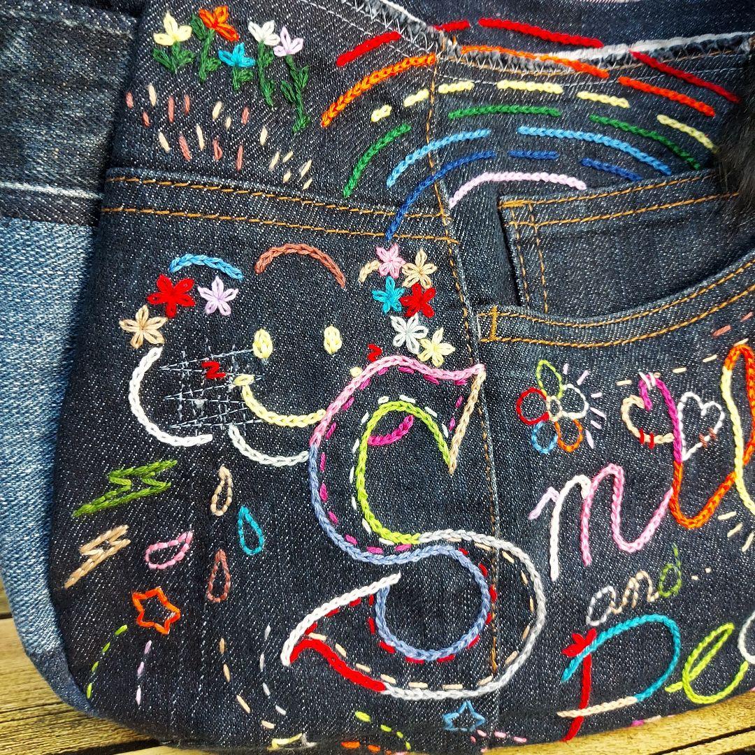刺繍デニムバック　No.638　デニムリメイク　チューリップバック　刺繍バック