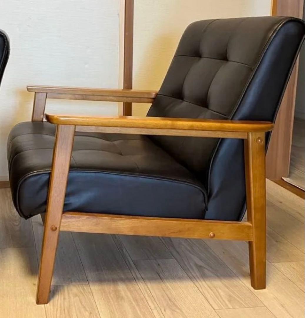 1人掛けソファ ブラウン 木肘 レトロモダン　B