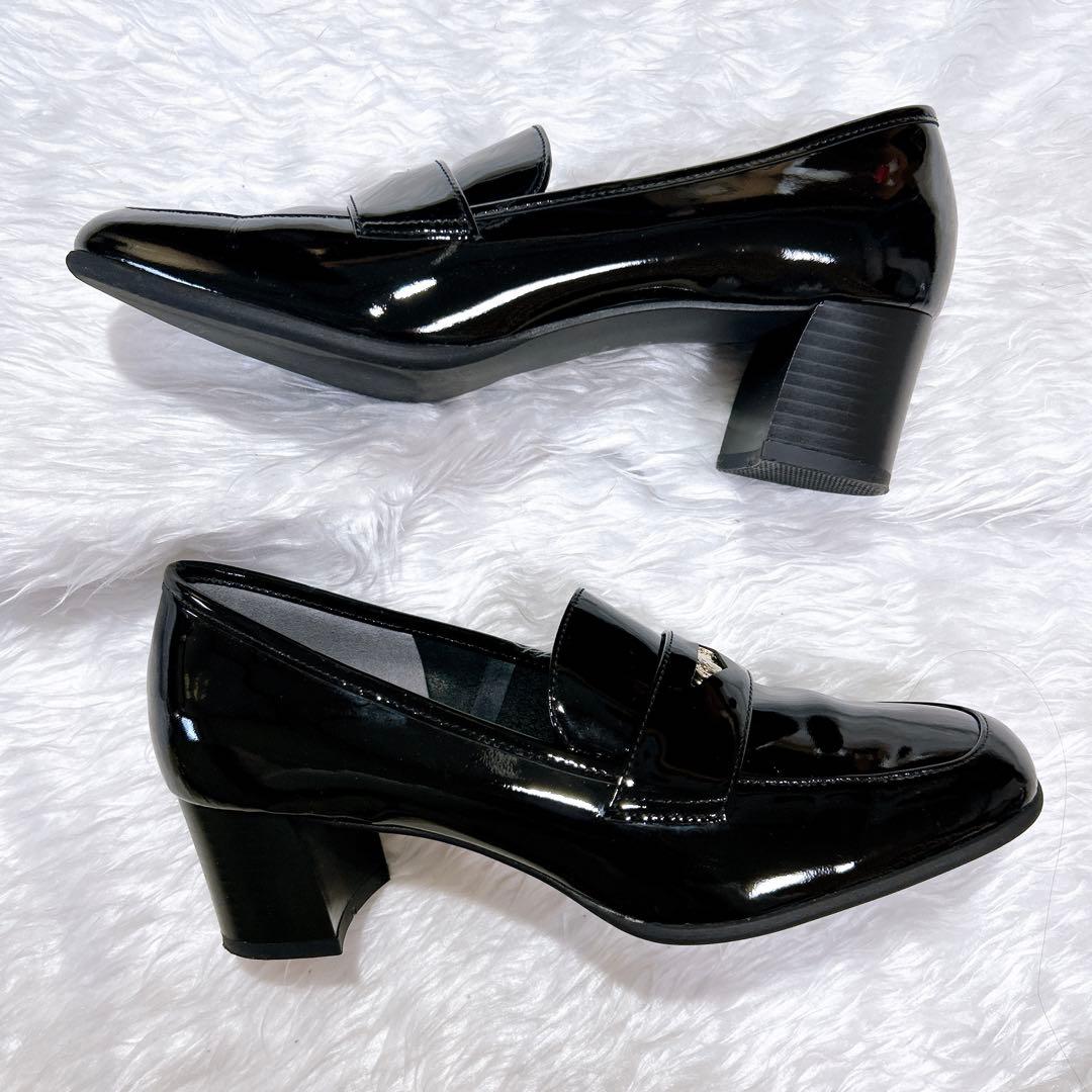 美品 現行 ダイアナ ヒールアップローファー エナメル ブラック 24cm