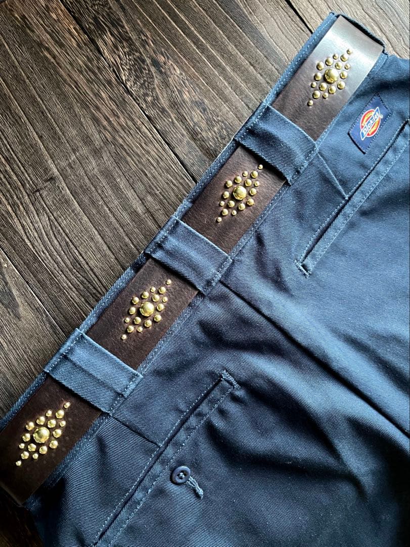 オーダー品　ディッキーズ874専用スタッズベルト　ダークブラウン　真鍮　背面4連