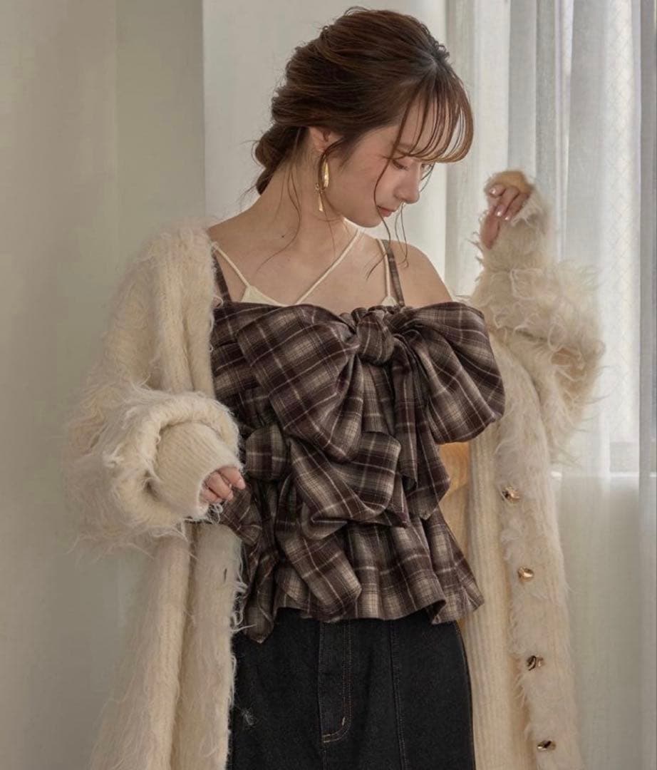 midbalニットカーディガン リボンビスチェ フリルマーメイドデニムスカート