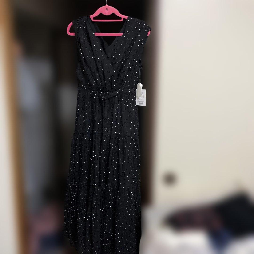Tiered Polka-Dot Long Dress M 黒