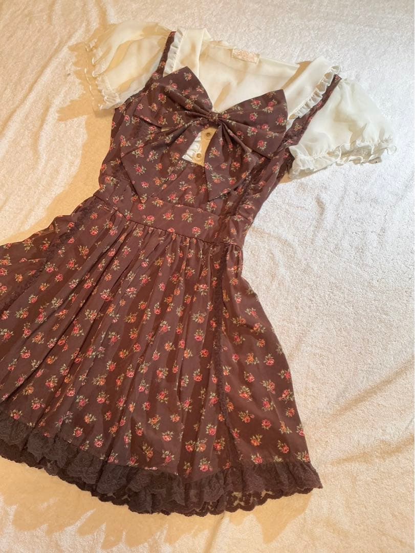 LIZLISA 希少 BIGリボンAラインワンピース 重ね着風 ローズ柄 姫カジ