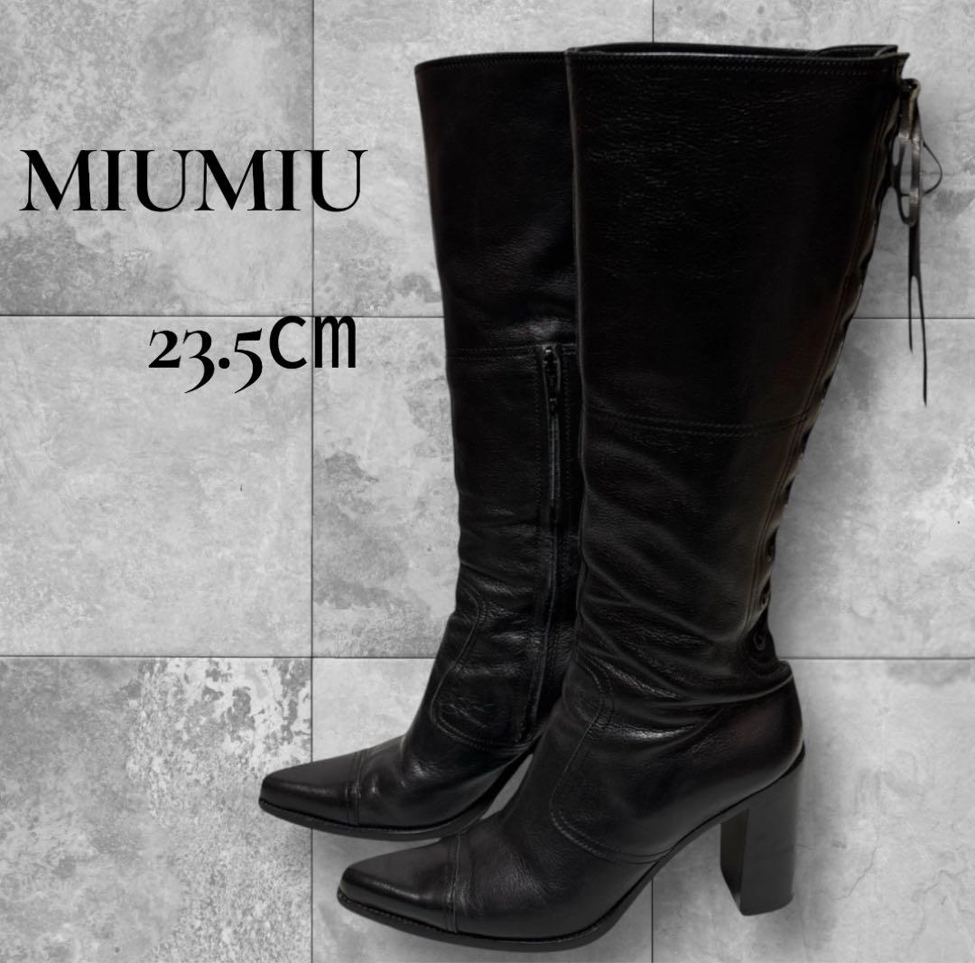 希少サイズ❣️23.5MIU MIU ロングブーツ 黒 本革 美脚ライン✨