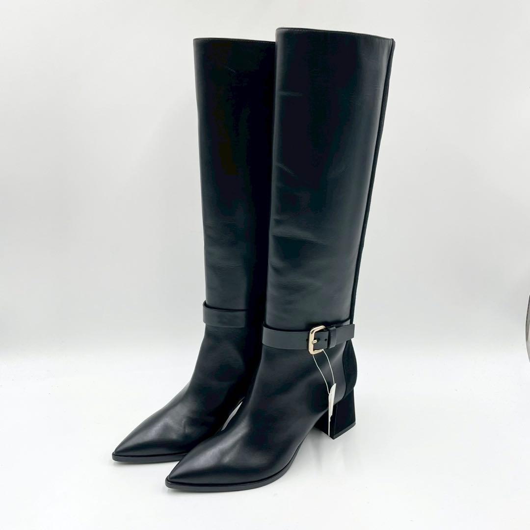 ポリーニ ロングブーツ ポインテッドトゥ 本革 36 黒 イタリア製 Y1138