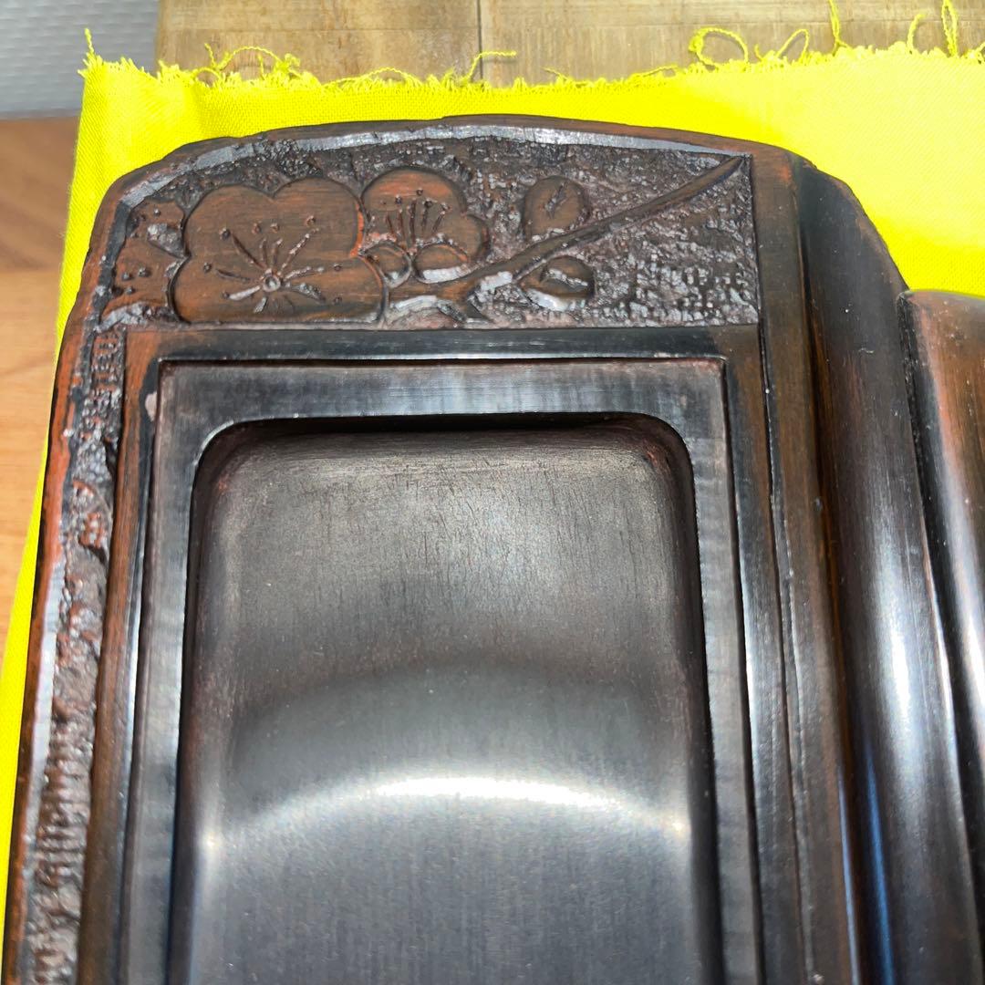 ⭕️赤間硯　共蓋付梅花彫刻硯　阿野硯製作所　龍泉作　美品　墨持ち良い