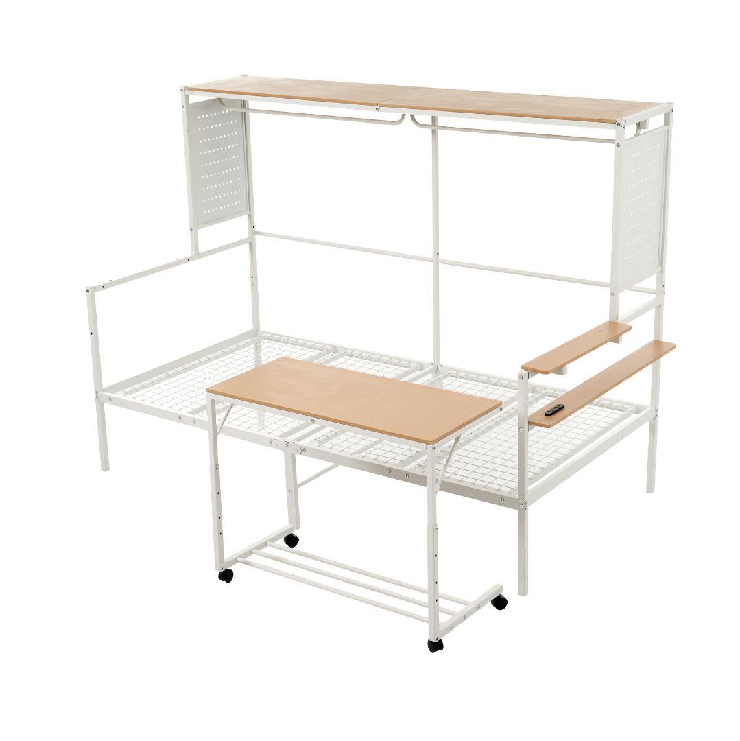 ホワイトシステムベットロフトベッド シングル スチールネット付き移動型デスク付き