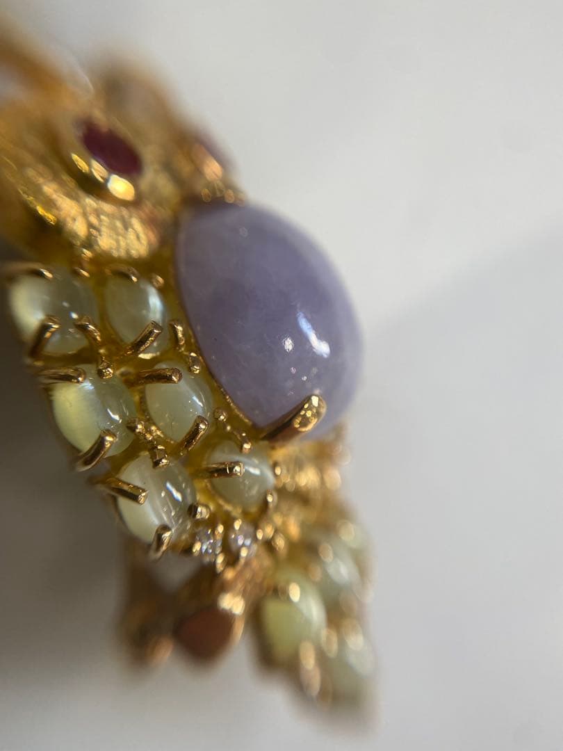 K18 フクロウ　ブローチ　翡翠4.21ct R0.26ct、D0.1ct