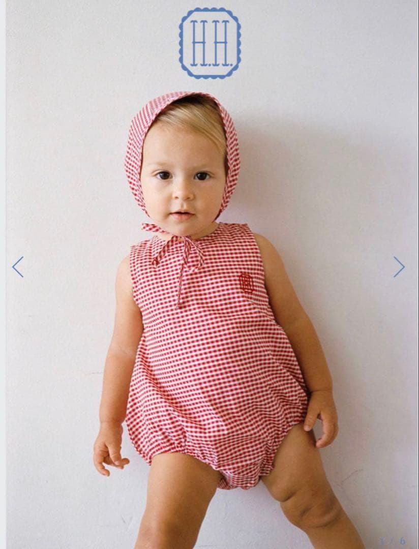 house on the hill 赤チェックロンパース&ボンネット 70