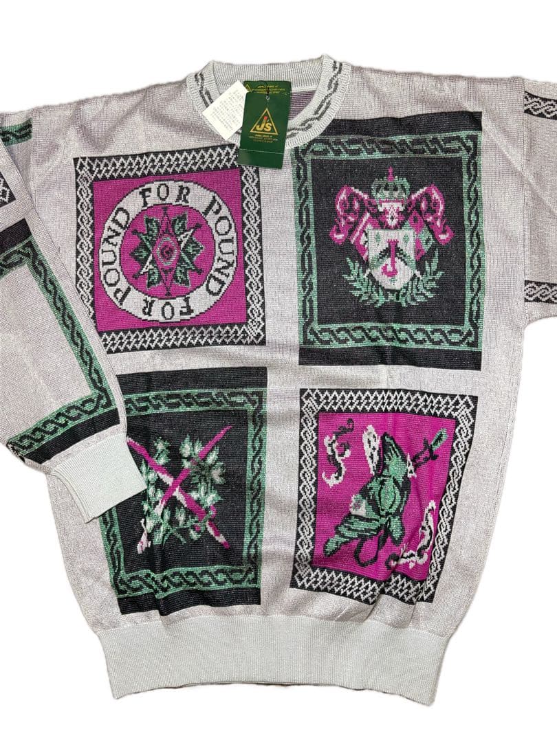 J's総柄ラメ入りコットンニット 灰 L セーター ジャンボ尾崎 デッドストック