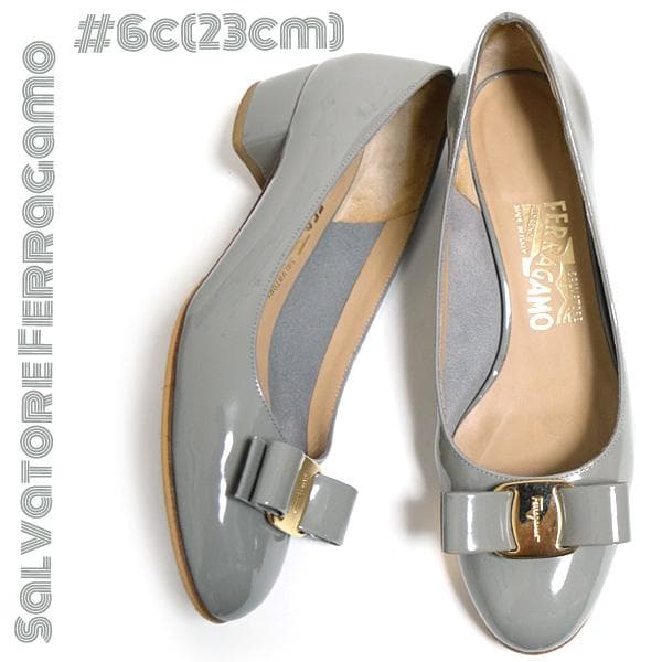 フェラガモ■美品ヴァラリボンパンプス　エナメルシューズ　グレー　6C（23cm）