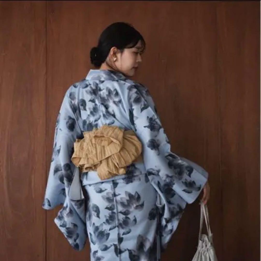 青色花柄浴衣・帯・巾着セット