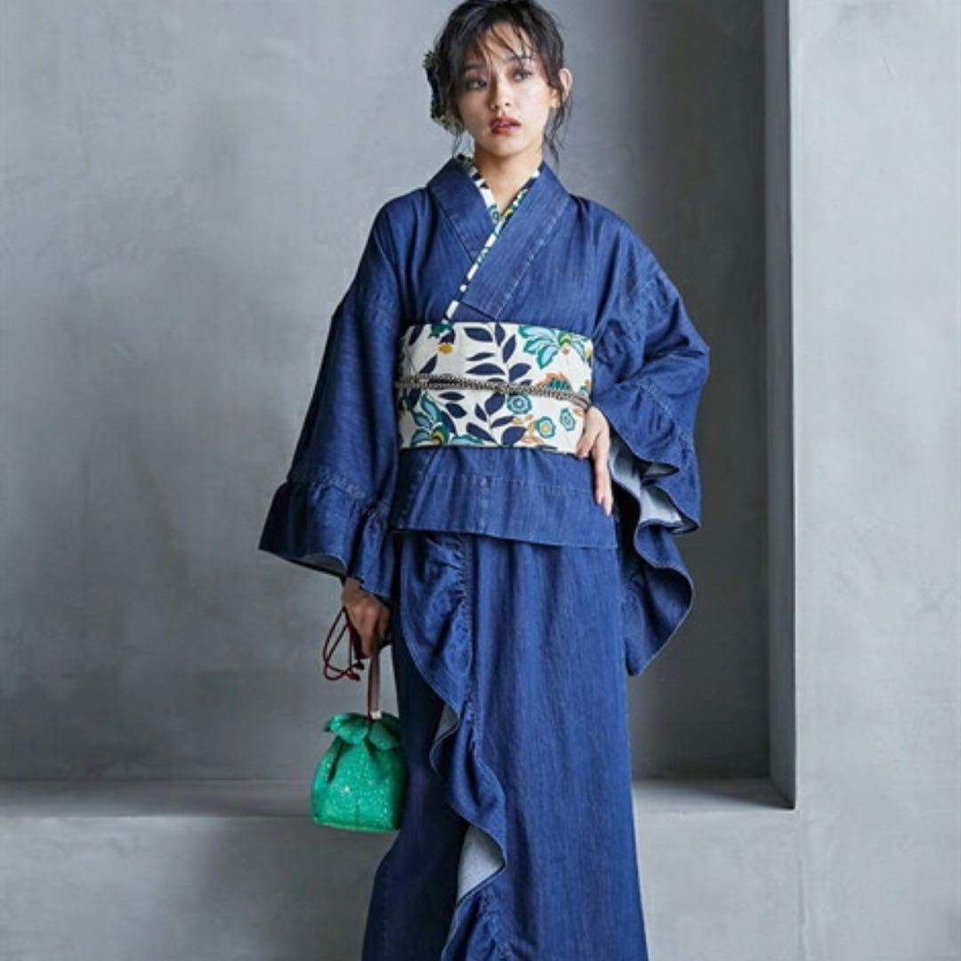 浴衣　二部式　作り帯ち付き　デニム　ネイビー　L〜LL