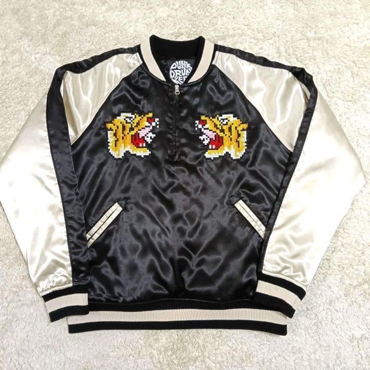 レア パンクドランカーズ スカジャン L 虎 富士山 刺繍 モザイク 黒