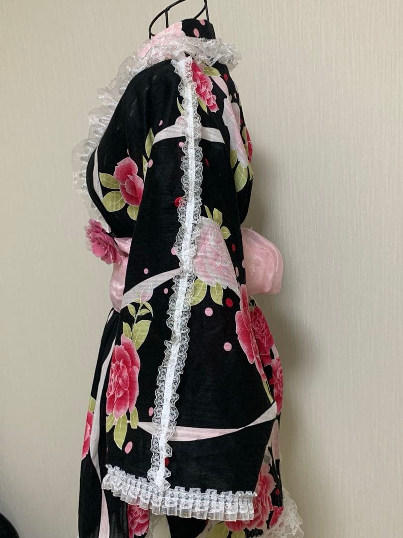 浴衣ドレス　姫ギャル　地雷　量産　平成　花柄　レース　かわいい　バラ　黒ピンク