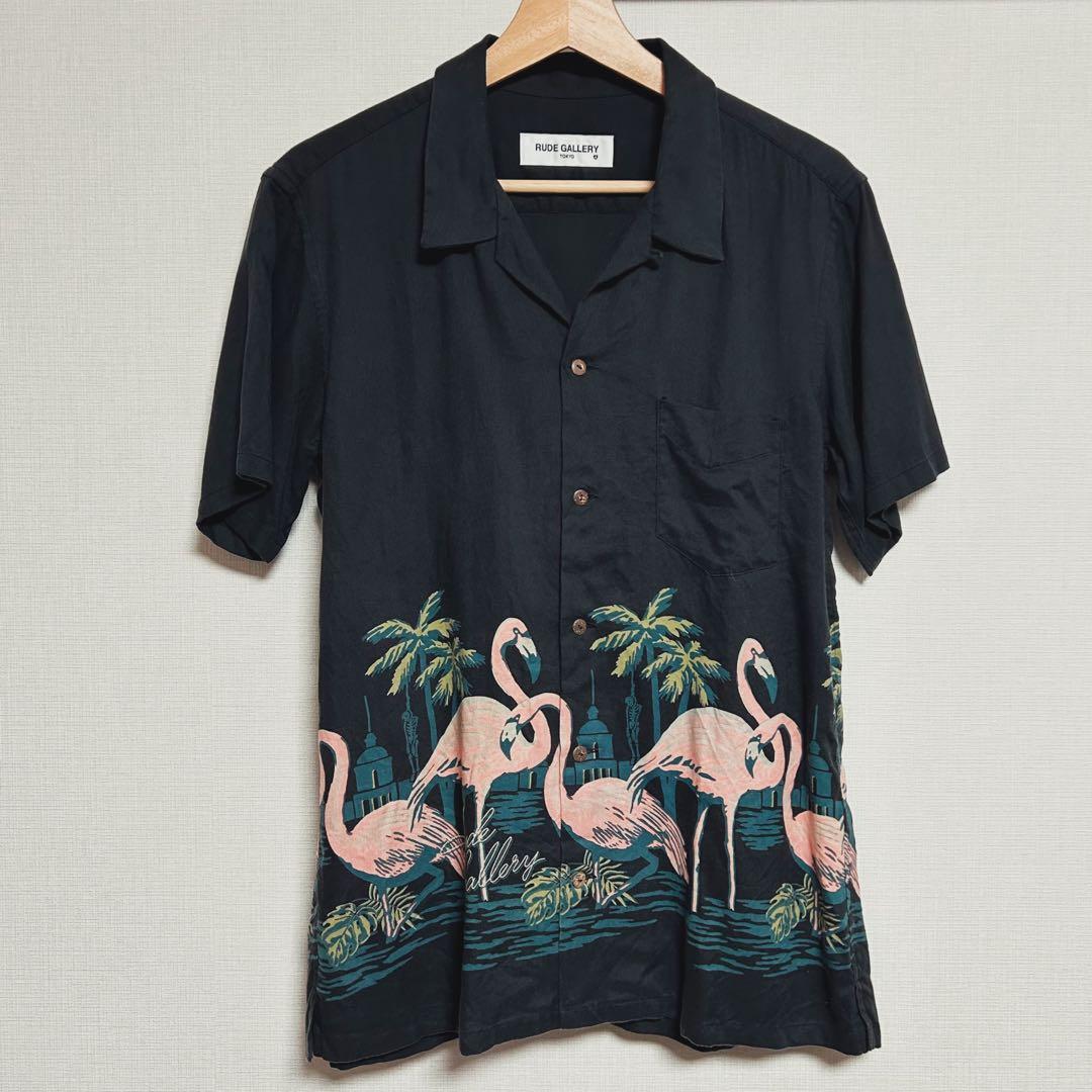 【名作】RUDE GALLERY アロハシャツ黒 フラミンゴ サイズ4 レーヨン