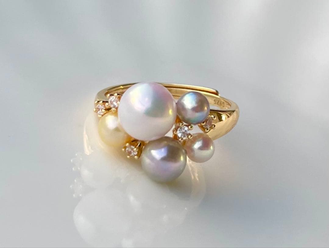 あこや真珠 ミラー調本真珠 s925リング 指輪 マルチカラー 一点物 白の序章