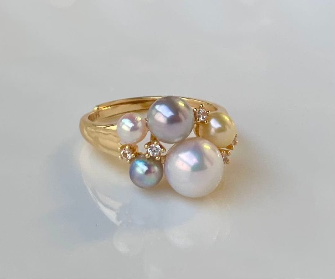 あこや真珠 ミラー調本真珠 s925リング 指輪 マルチカラー 一点物 白の序章