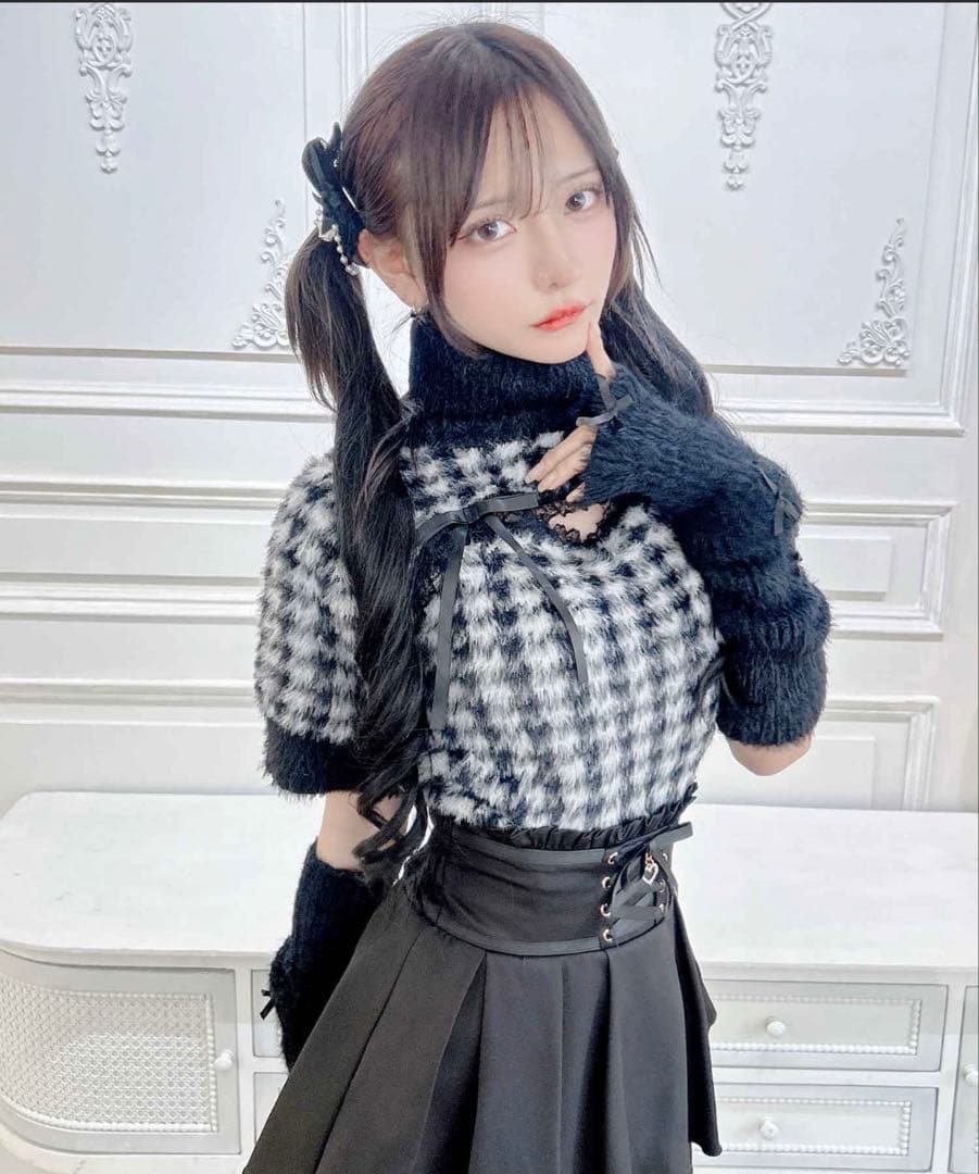 MARS*アームウォーマー付き胸開きシャギーニット