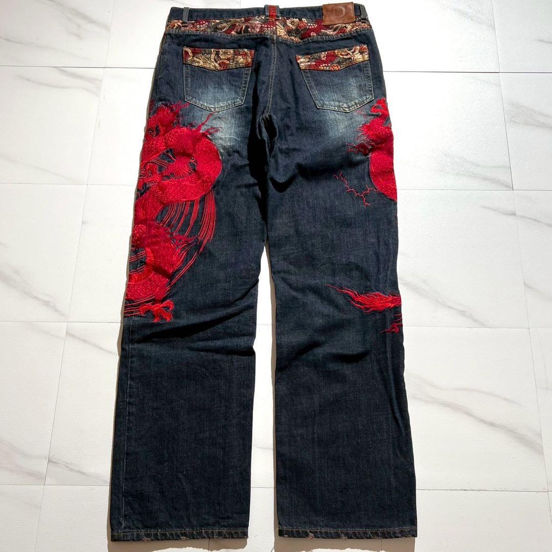 【美品✨希少】絡繰魂 流儀 デニムパンツ 2XLサイズ 龍 和柄 刺繍 ブルー