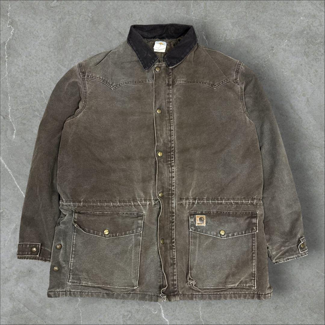27]メキシコ製カーハート レザーロゴフルジップ ダック地ジャケットブルゾン古着