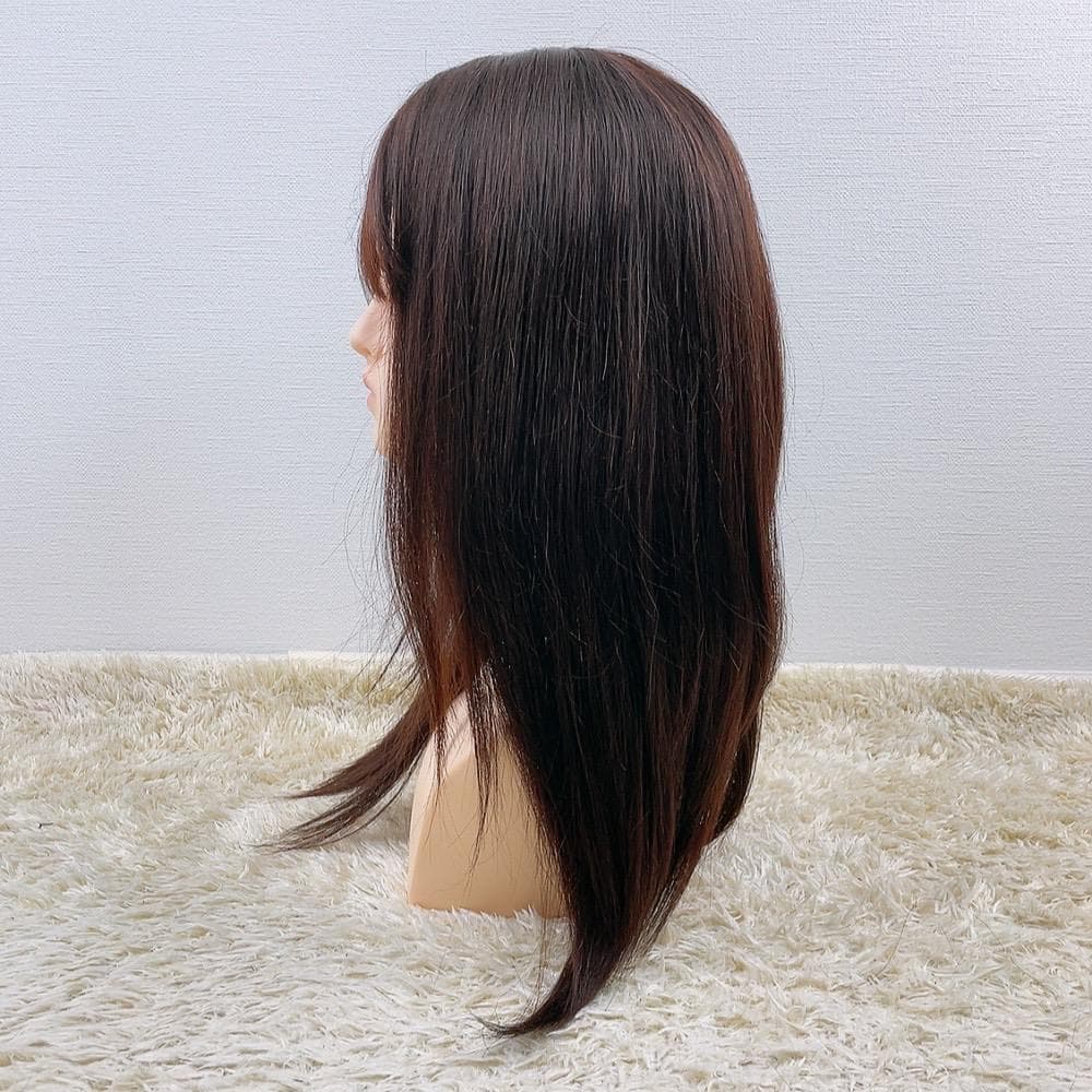 人毛100% フルウィッグ 医療用 ロングストレート ダークブラウン 手縫い