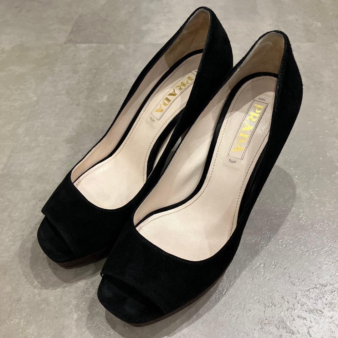 ＊期間限定値下げ＊PRADA プラダ 黒スエードオープントゥパンプス バイカラー
