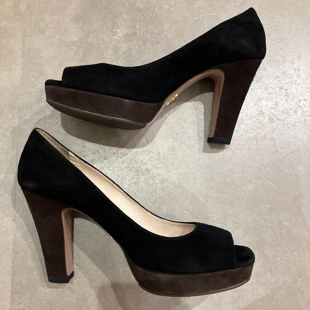 ＊期間限定値下げ＊PRADA プラダ 黒スエードオープントゥパンプス バイカラー
