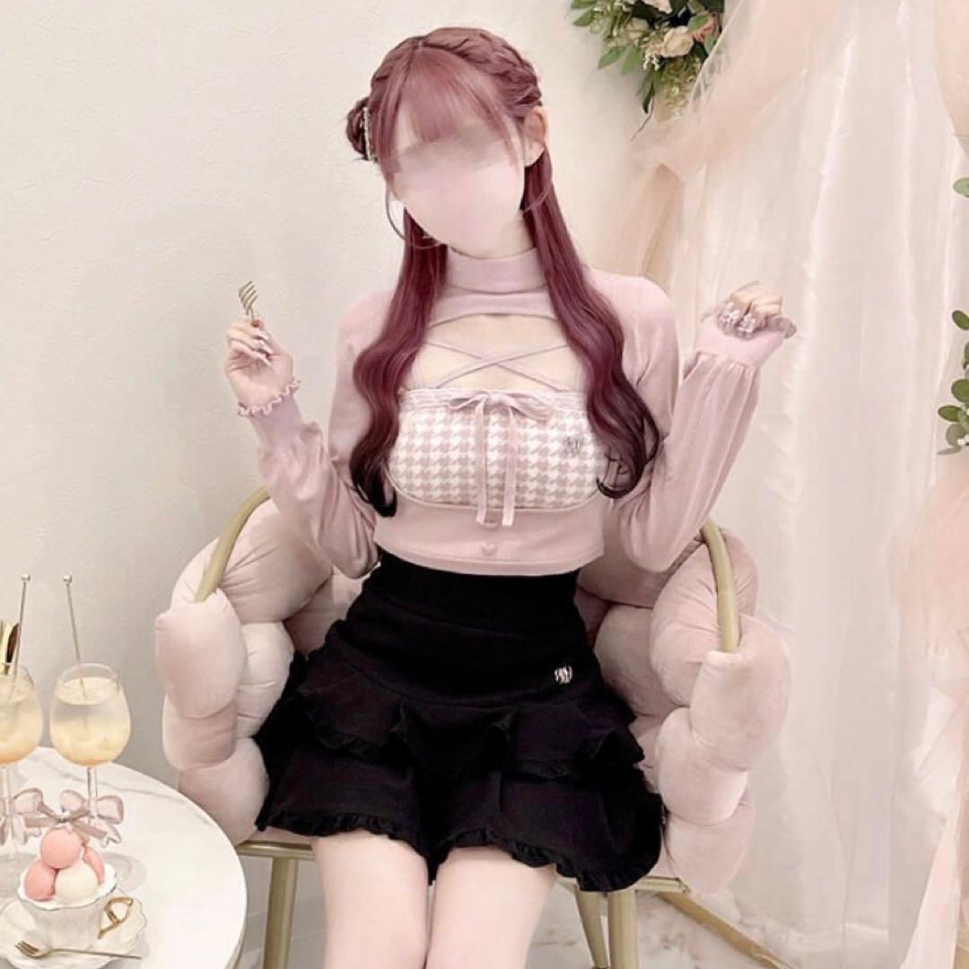 ハニーミュウ 千鳥柄ハイネックアンサンブルトップス （ピンク）