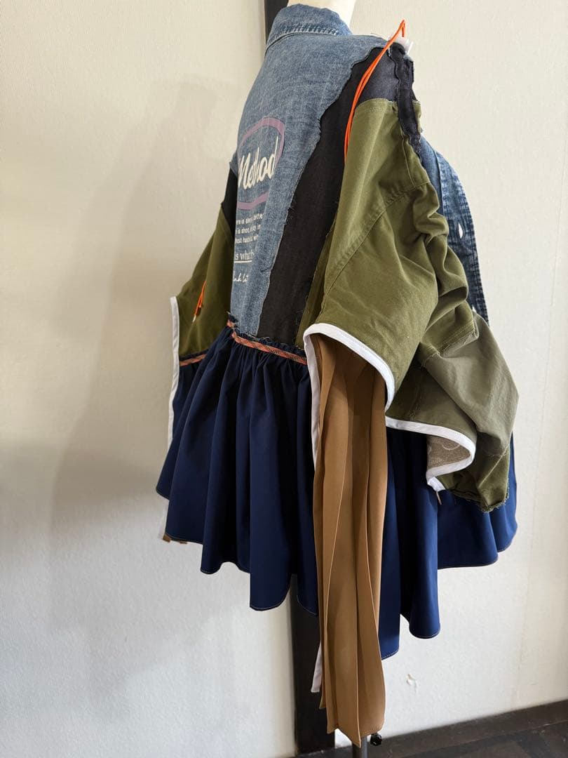 古着リメイク　ドッキングデニムミリタリーフリルライトジャケット