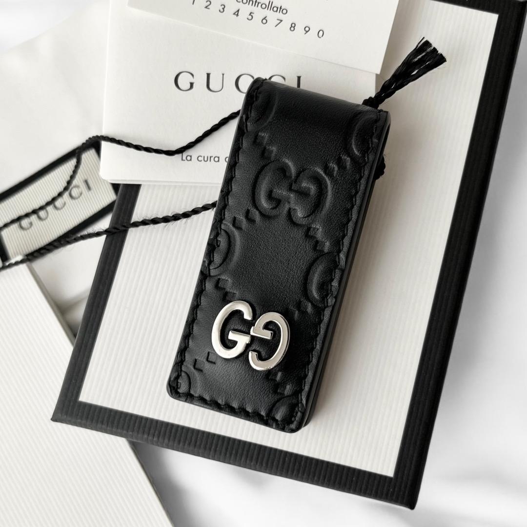 美品 グッチ ドリアン GG シグネチャー マネークリップ レザー ブラック