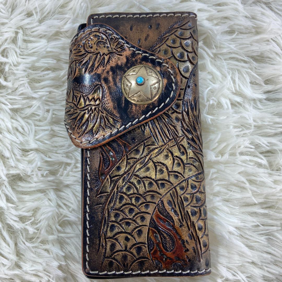 バイカーズウォレット　 レザー　長財布　本革　カーヴィング　コンチョ　ターコイズ