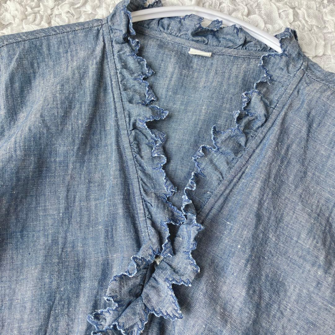 最終価格45R コットンリネンのカシュクールブラウス（ダンガリー）フリル