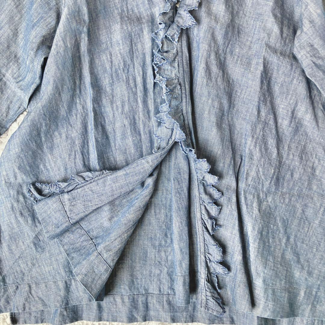 最終価格45R コットンリネンのカシュクールブラウス（ダンガリー）フリル