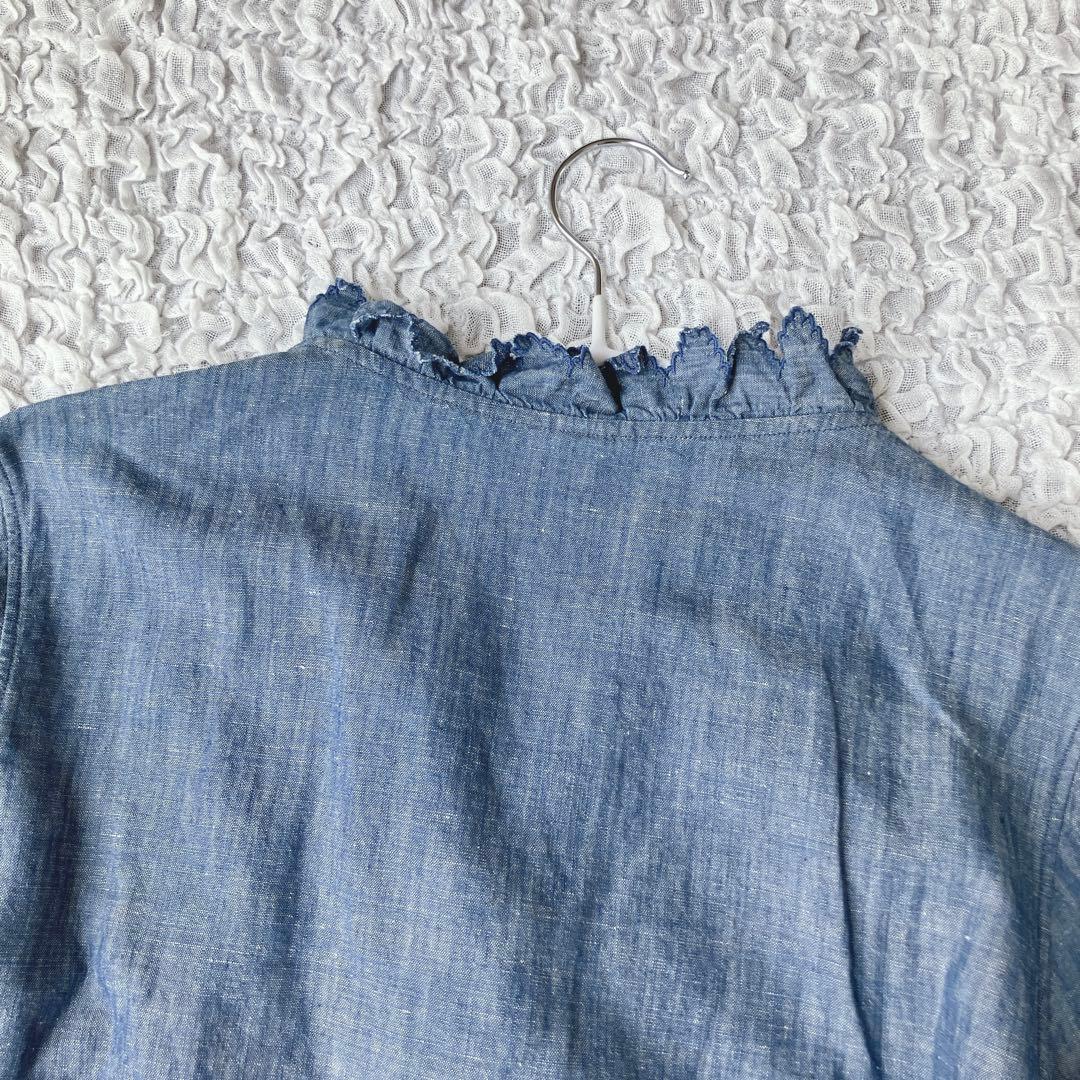 最終価格45R コットンリネンのカシュクールブラウス（ダンガリー）フリル